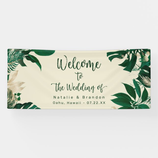 Banderoles Green Tropical Foliage Moderne Mariage Accueil (Horizontal)