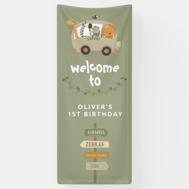 Banderoles Green Wild One Safari Animaux premier anniversaire (Vertical)