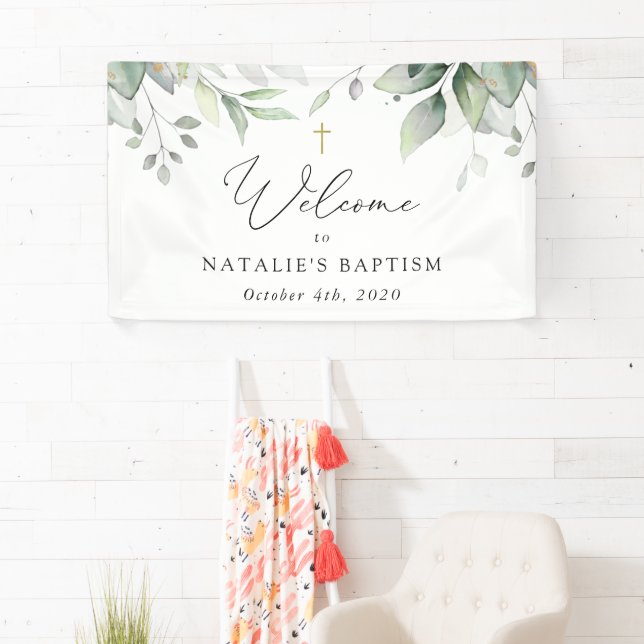 Banderoles Greenery, Eucalyptus Leaves, Boho, Baptism Welcome (En situation)