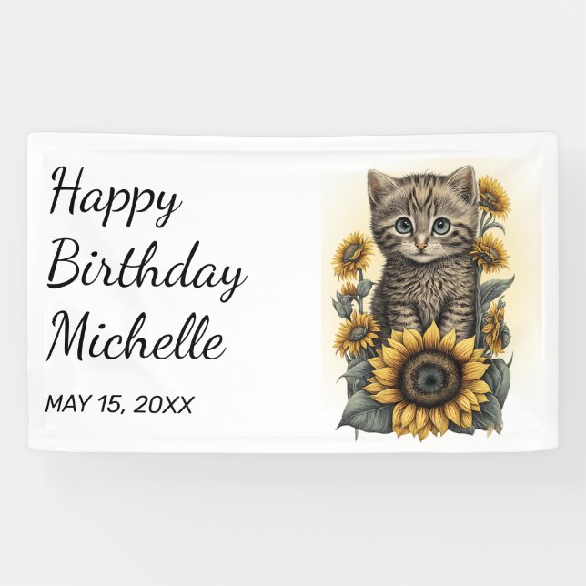 Banderoles Grey Tabby Kitten Chat Sunflower Joyeux anniversai (Horizontal)