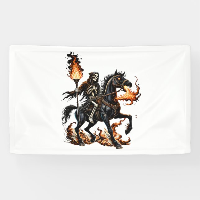 Banderoles Grim Reaper Skeleton équitation Horse Flames (Horizontal)