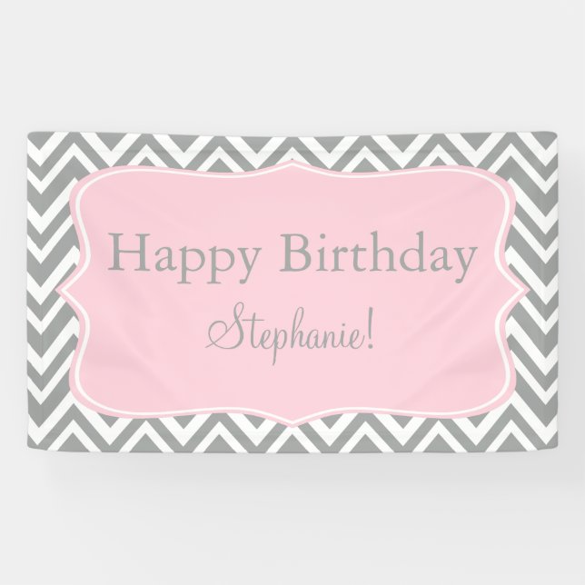 Banderoles Gris, blanc et pastel Pink Chevron Anniversaire (Horizontal)