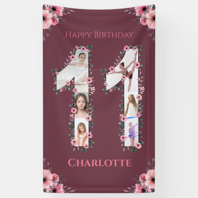 Banderoles Gros 11e anniversaire fille photo Collage Fleur ro (Vertical)