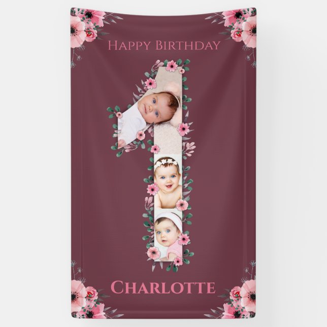 Banderoles Gros 1er anniversaire fille photo Collage Fleur ro (Vertical)