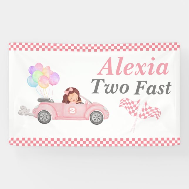 Banderoles Grossissant deux Fast Pink Race Car Girl 2e annive (Horizontal)