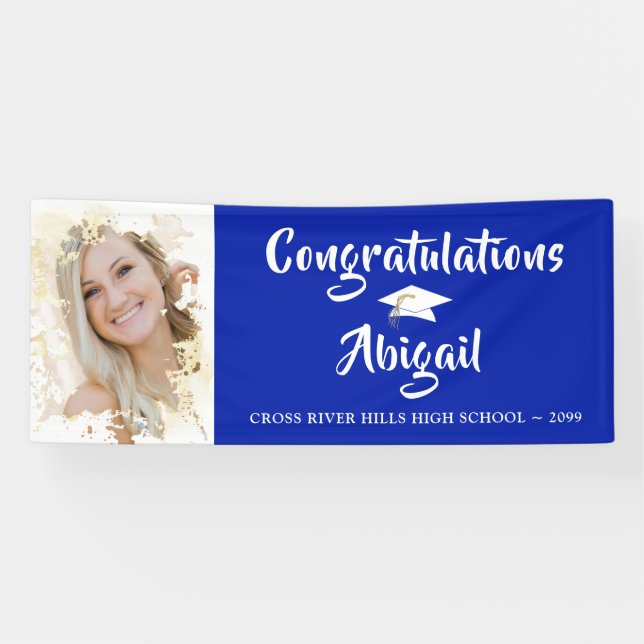 Banderoles Grunge Photo Frame Brush Script Bleu Graduation (Horizontal)