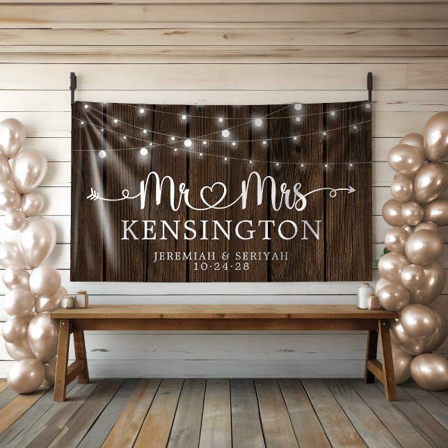 Banderoles Guirlande lumineuse rustique Mr Mrs cœur en bois p (Rustic Mr Mrs Heart String Lights Wood Wedding Banner)