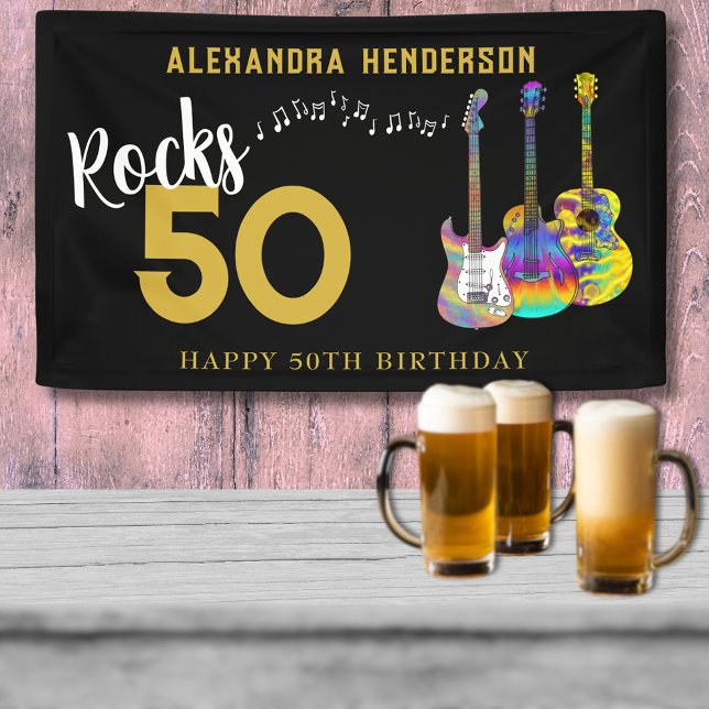 Banderoles Guitar 50 fête ses 50 ans (rocks 50 guitar black and gold custom 50th birthday party banner)