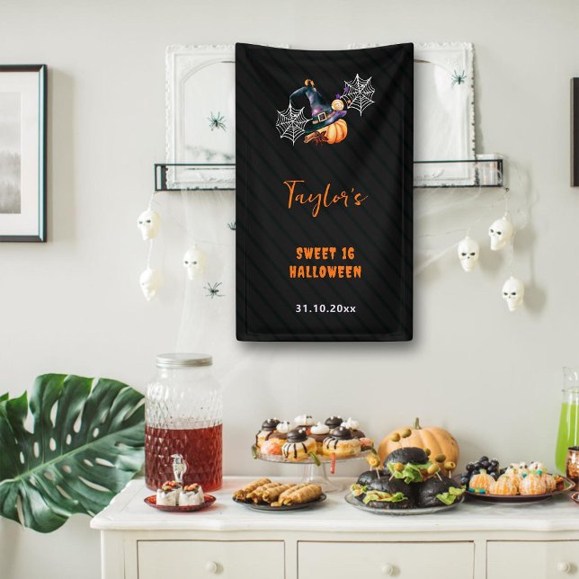 Banderoles Halloween Citrouille sorcière Casquette Ghosts mig (sweet 16 halloween banner sign pumpkin witch hat spiderwebs candy orange black cute fun elegant)