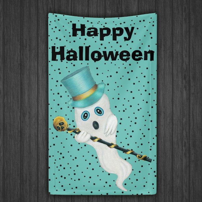 Banderoles Halloween Fancy Ghost Top Hat Gold Stars crâne (Silly ghost in top hat with gold skull can on aqua blue with black stars Happy Halloween banner.)