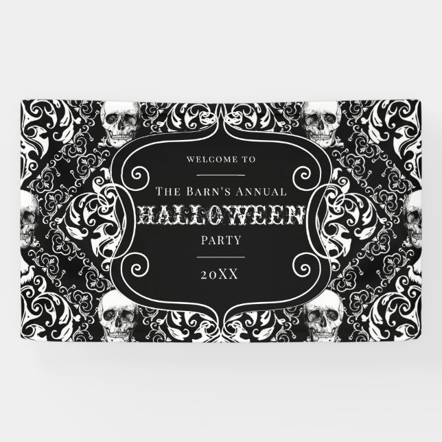 Banderoles Halloween noir blanc Vintage crâne gothique Damas (Horizontal)