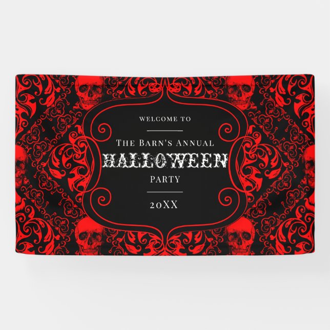 Banderoles Halloween Noir Rouge Gothique Crâne Damas (Horizontal)