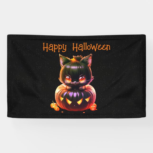 Banderoles Halloween Party Chat noir Citrouille Horreur (Horizontal)