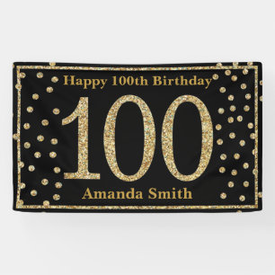 Banderoles Happy 100th Birthday Banner Black and Gold Glitter