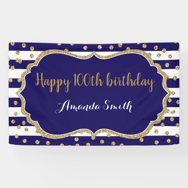 Banderoles Happy 100th Birthday Banner Navy Blue Gold Glitter (Horizontal)