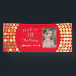Banderoles Happy 18th Birthday Banner Red and Gold Photo<br><div class="desc">Happy 18th Birthday Banner for women or man. Red and Gold Birthday Party Banner. Gold Glitter Confetti. Les Frères noirs et blancs. Printable Digital. For further customization,  please click the "Customize it" button and use our design tool to modify this template.</div>
