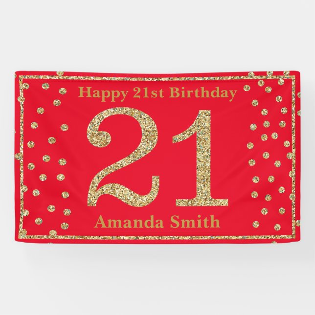 Banderoles Happy 21st Birthday Banner Red and Gold Glitter (Horizontal)