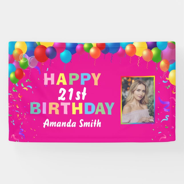 Banderoles Happy 21st Birthday Colorful Balloons Hot Pink (Horizontal)