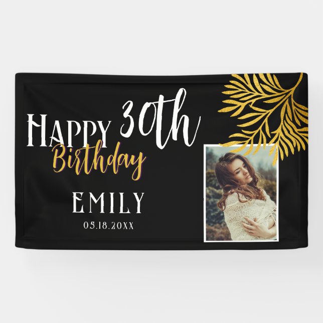 Banderoles Happy 30th Birthday Gold Foliage Photo Backdrop (Horizontal)