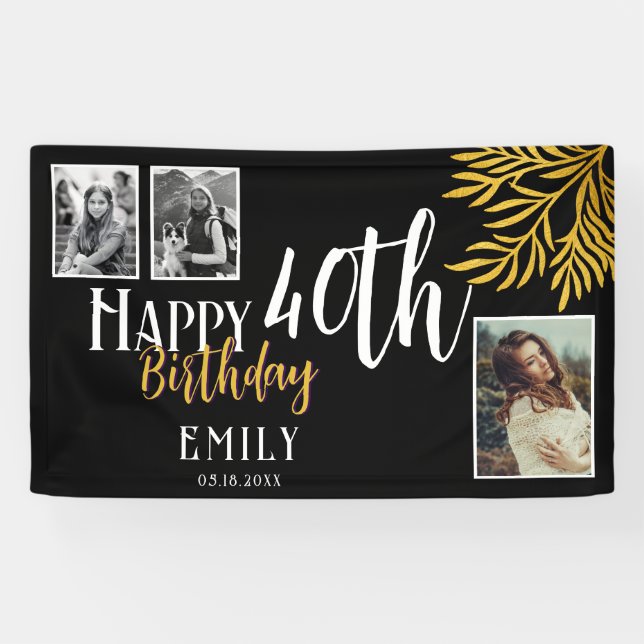 Banderoles Happy 40th Birthday Gold Foliage 3 Photo Backdrop (Horizontal)