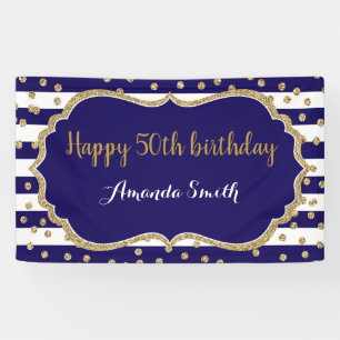 Banderoles Happy 50th Birthday Banner. Navy Blue Gold Glitter