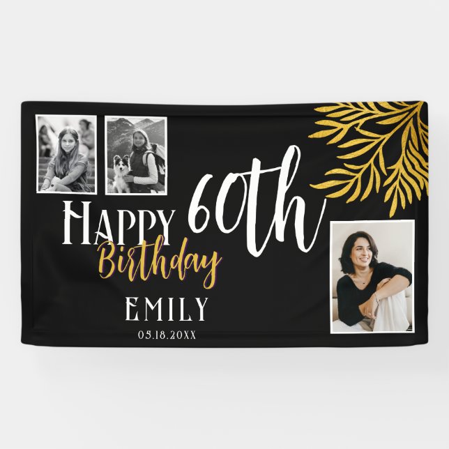 Banderoles Happy 60th Birthday Gold Foliage 3 Photo Backdrop (Horizontal)