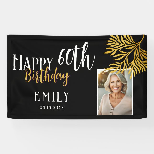 Banderoles Happy 60th Birthday Gold Foliage Photo Backdrop (Horizontal)