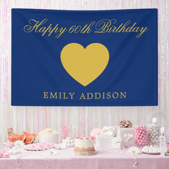 Banderoles Happy 60th Birthday Navy Banner with Custom Text (Fête)
