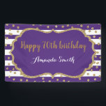 Banderoles Happy 70th Birthday Banner Purple and Gold Glitter<br><div class="desc">Happy 70th Birthday Banner for women or man. Purple and Gold Birthday Party Banner. Gold Glitter Confetti. Black and White Stripes. Printable Digital. For further customization,  please click the "Customize it" button and use our design tool to modify this template.</div>