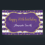 Banderoles Happy 70th Birthday Banner Purple and Gold Glitter<br><div class="desc">Happy 70th Birthday Banner for women or man. Purple and Gold Birthday Party Banner. Gold Glitter Confetti. Black and White Stripes. Printable Digital. For further customization,  please click the "Customize it" button and use our design tool to modify this template.</div>