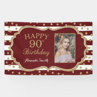 Happy 90th Birthday Banner Burgundy and Gold Photo