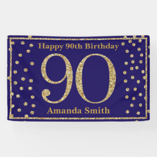 Banderoles Happy 90th Birthday Banner Navy Blue Gold Glitter