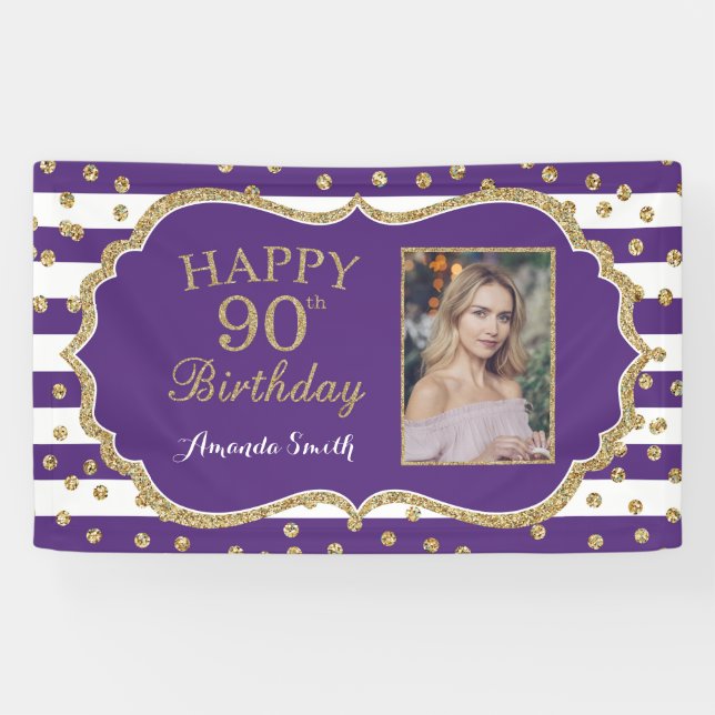 Banderoles Happy 90th Birthday Banner Purple Gold Photo (Horizontal)