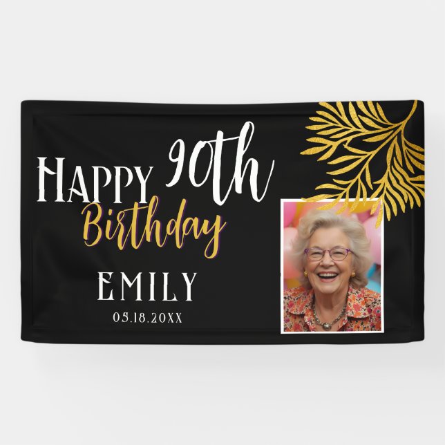 Banderoles Happy 90th Birthday Gold Foliage Photo Backdrop (Horizontal)