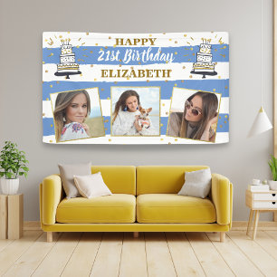 Banderoles Happy Birthday Any Age Photo Collage Blue Gold Dot
