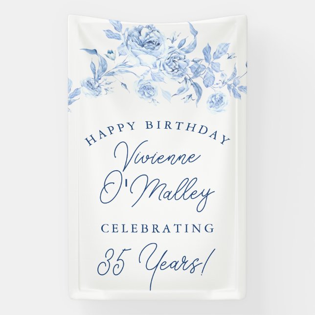 Banderoles Happy Birthday Banner 35th Blue Floral Template (Verticale)