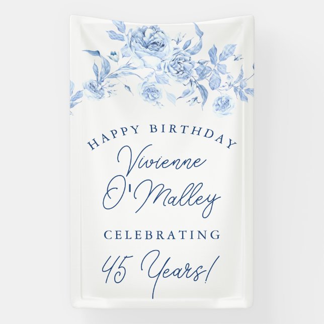 Banderoles Happy Birthday Banner 45th Blue Floral Template (Verticale)