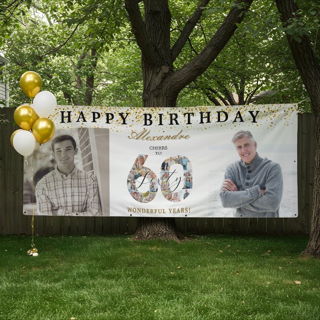 Banderoles Happy Birthday Cheers To 60 Years Photo Then & Now (Happy Birthday Cheers To 60 Years Photo Then & Now Banner)