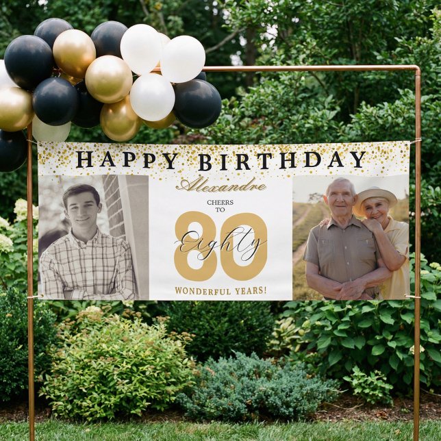 Banderoles Happy Birthday Cheers To 80 Years Photo Then & Now (Happy Birthday Cheers To 80 Years Photo Then & Now Banner)
