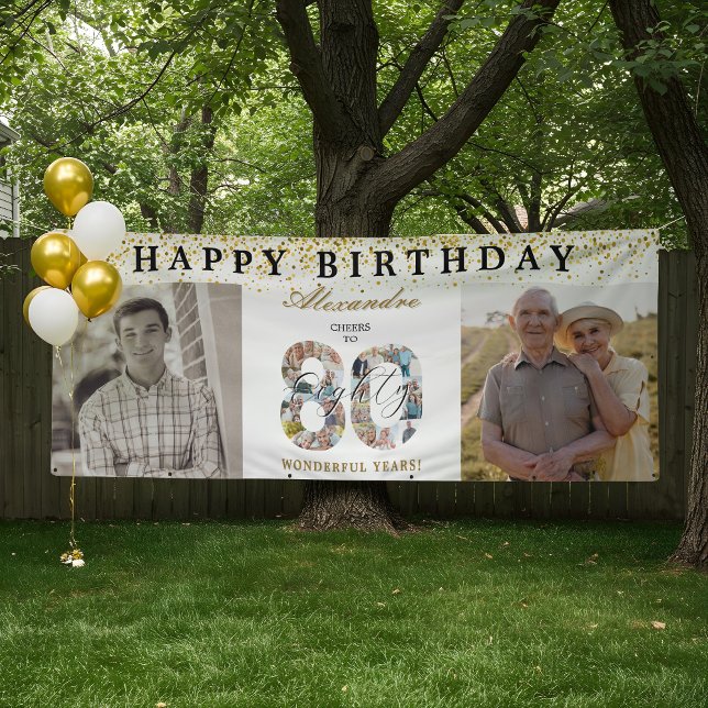 Banderoles Happy Birthday Cheers To 80 Years Photo Then & Now (Happy Birthday Cheers To 80 Years Photo Then & Now Banner)