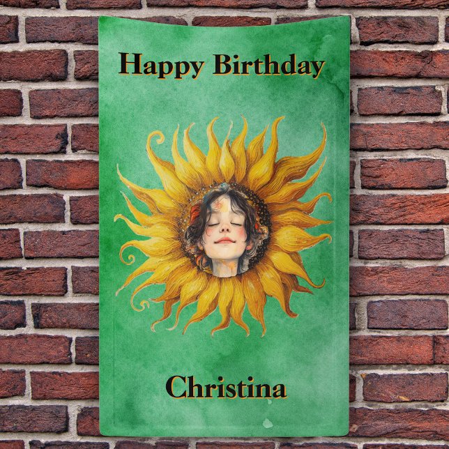 Banderoles Happy Birthday Girl Face in Sunflower Green (Smiling girl's face in fancy yellow sunflower on green happy birthday banner decoration.)