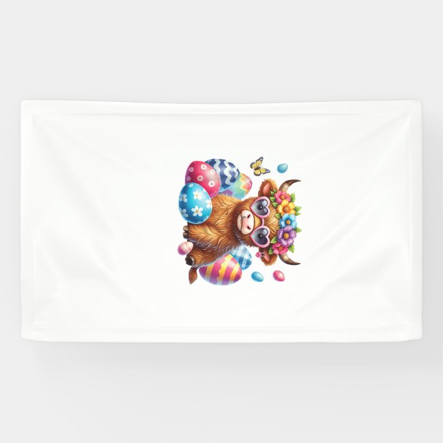 Banderoles Happy Easter Highland Cow Heifer Easter Day Farmer (Horizontal)