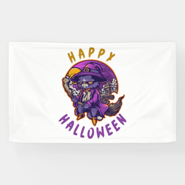 Banderoles Happy Halloween Chat sorcier Halloween (Horizontal)
