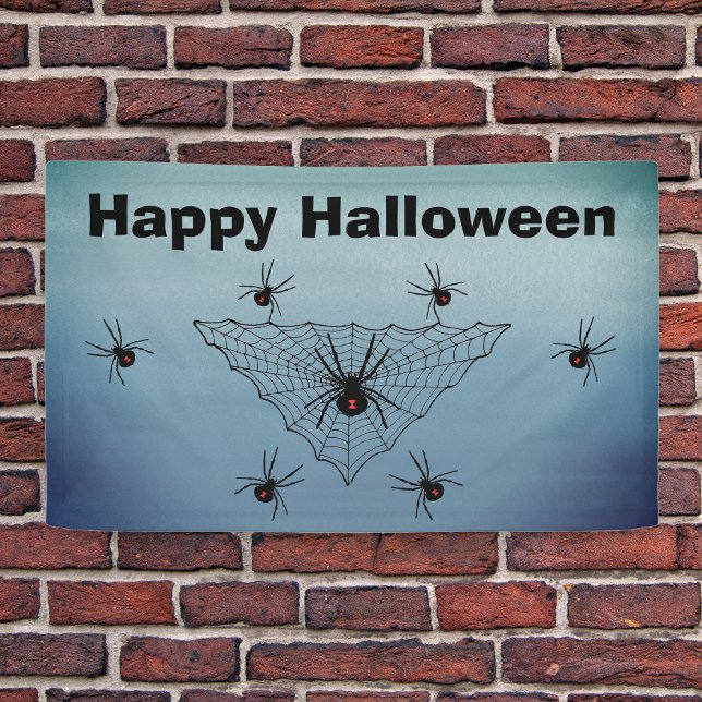 Banderoles Happy Halloween Spider Web Poison Spider Blue Grey (Crawling black widow spiders triangle shaped web on Happy Halloween banner in shades of blue grey.)