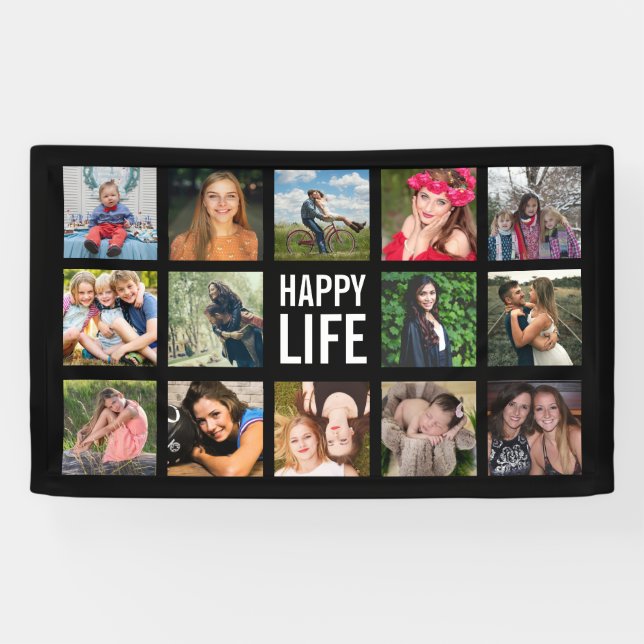 Banderoles Happy Life Photo Collage Black Custom Banner (Horizontal)