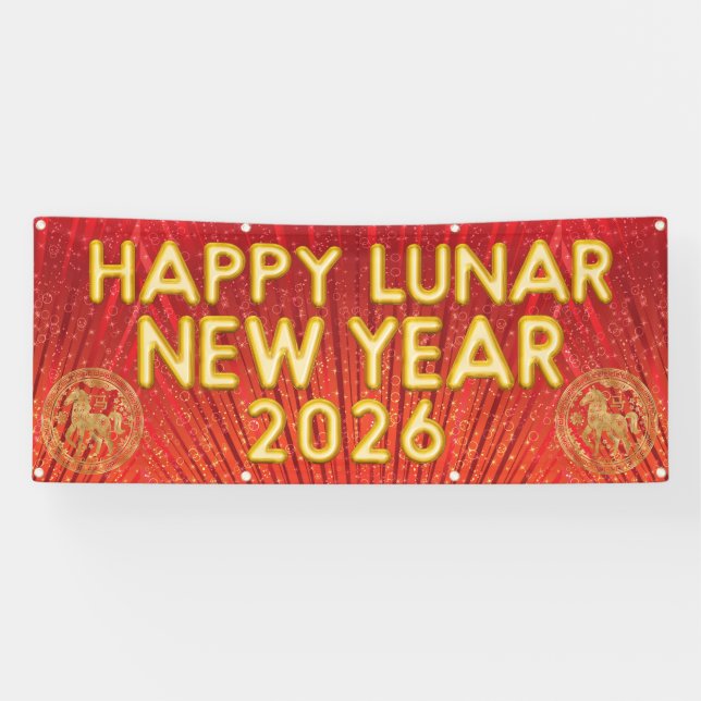 Banderoles Happy Lunar New Year 2026 Horse Red Gold Vinyl (Horizontal)