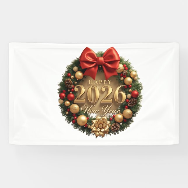 Banderoles happy new year 2026 golden wreath (Horizontal)