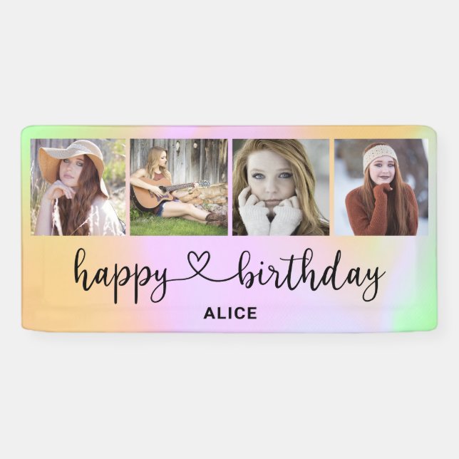 Banderoles Heart Script 4 Photo Holographic Birthday Banner (Horizontal)