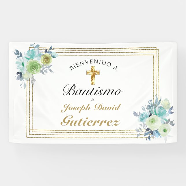 BANDEROLES HERMOSO BAUTIZO BEBÉ CRUZADO DE ORO FLORAL AZUL (Horizontal)
