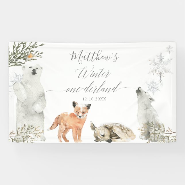 Banderoles Hiver Onederland Bois Animaux Anniversaire Grand (Horizontal)